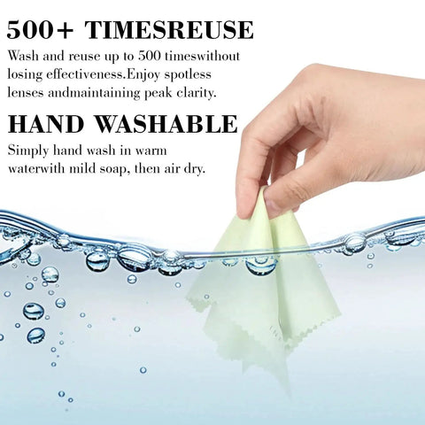 Hand holding microfiber glasses cloth submerged in water, highlighting hand washability and 500 uses. Microfiber Glasses Cloth 15 Pack 6x7 Scratch Free Assorted Colors For Screens.