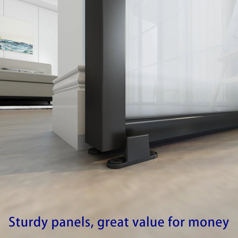 Close-up of floor guide and bottom frame of 72 By 84 Inch Double Glass Barn Door With Frosted Glass And Black Aluminum Frame Sliding Door Hardware Kit