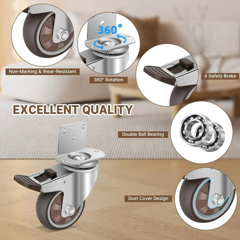 Three Inch Side Mount Casters Set Of Four L Shaped 360 Degree Swivel Quiet Heavy Duty Locking Furniture Casters with double ball bearing