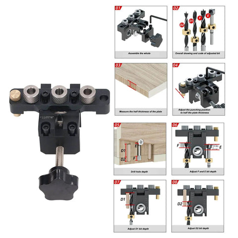 Three In One Pocket Hole Jig Kit For Woodworking Aluminum Alloy Round Dowel Drill Guide High Strength Durable Drill Locator For Furniture Assembly Includes Large Steel Clamping Screw For Stable Precise Holes with assembly instructions.