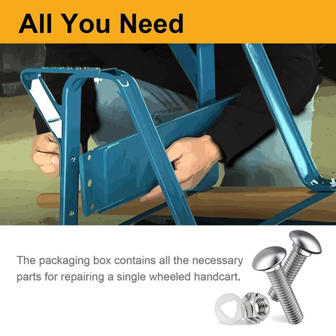 Heavy Duty Wheelbarrow Carriage Bolts And Nuts Kit With 304 Stainless Steel Hardware next to a hand assembling a blue handcart