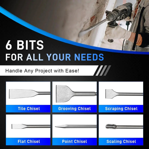 All In One 34 Piece Concrete Hole Saw Kit For Masonry Drilling With SDS Plus And SDS Max Shanks showing different chisel types.