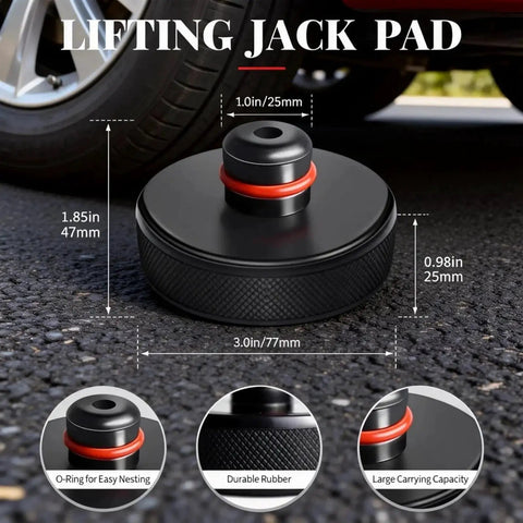 Lifting Jack Pads For Model 3 Y S X Cars Waterproof Pucks With Case 4 Pack shown with dimensions next to car tire.