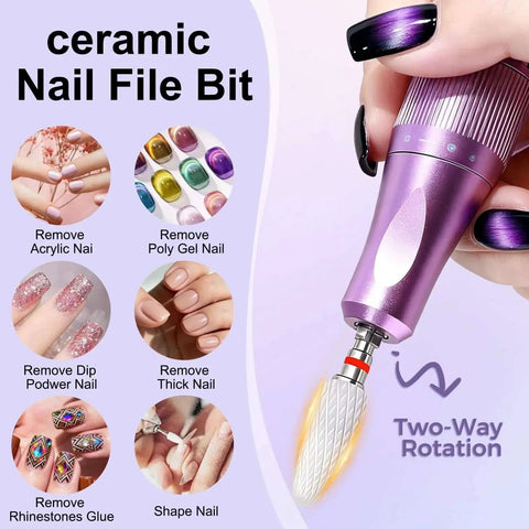 Hand holding purple drill with Ceramic Nail Drill Bit 3/32 Inch Fine Cone For Quick Safe Acrylic And Gel Removal White Ceramic File Bit For Nail Art