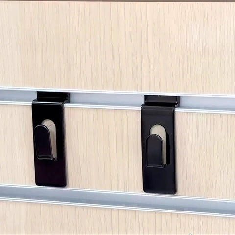 Heavy Duty Slatwall Notch Hook Set, stainless steel slat wall hangers installed on wood panel, 12 pack
