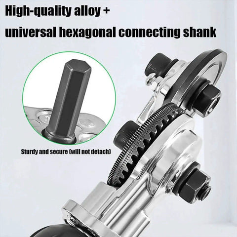 Close-up of Drill Nibbler Sheet Metal Cutting Tool Attachment with hexagonal shank, showing high-quality alloy construction.