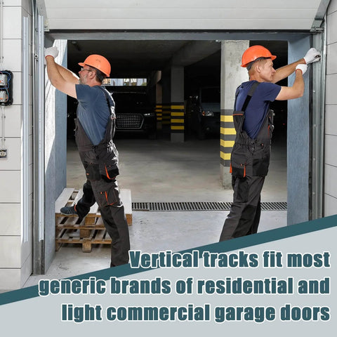 2 Pack Heavy Duty Vertical Garage Door Track Replacement Rails For 7 Foot Tall Doors Left And Right Side Tracks Galvanized Steel Hardware 2 Inch Roller Compatible Includes Brackets Silver Finish being installed by two workers