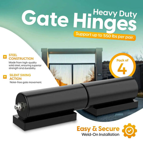 Heavy Duty Gate Hinges supporting up to 550 lbs per pair, steel construction, black finish, illustrated with gate in background