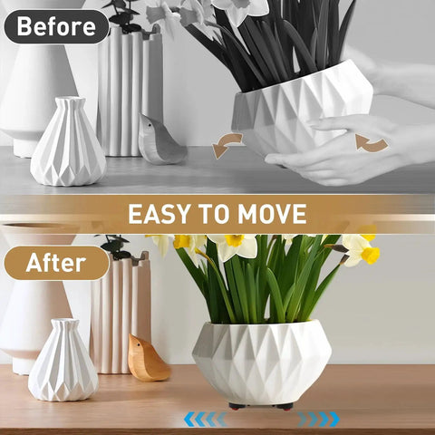 Before and after of vase with Four Pack Self Adhesive Caster Wheels 1.37 Inch Diameter With Stainless Steel Swivel Rollers, 360 Degree Mobility.
