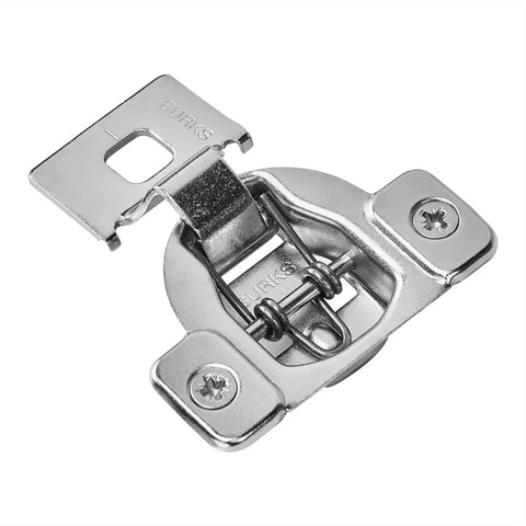 Close-up of stainless steel 10 Pack 7 Sixteenth Inch Overlay Cabinet Hinges Not Soft Close Adjustable with screws, 9x9 mm mounting holes.