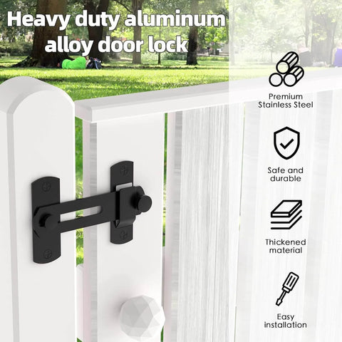 Heavy duty aluminum alloy door lock installed on a white gate, illustrating easy installation and premium stainless steel durability.