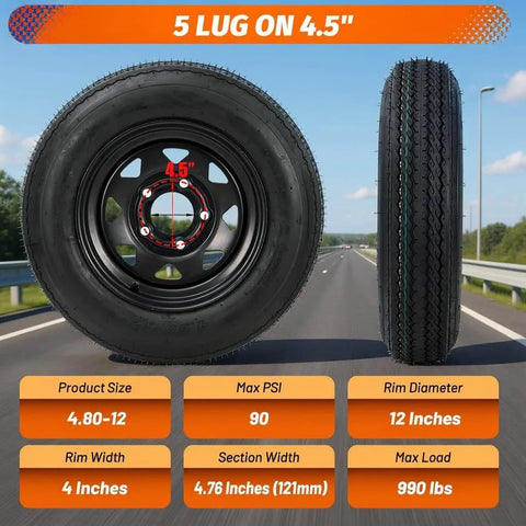 Pair Of 4.80-12 Trailer Tires On 12 X 4 Rim, 5 Lug On 4.5 Inch Bolt Pattern, Load Range C 6PR, M Speed Rating, 990 Lb Capacity Per Tire
