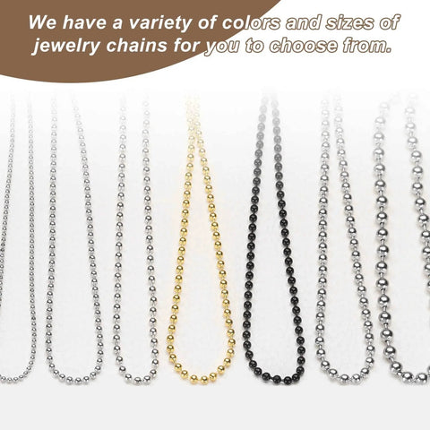 Variety of stainless steel ball chains in different colors and sizes for jewelry making accessories.
