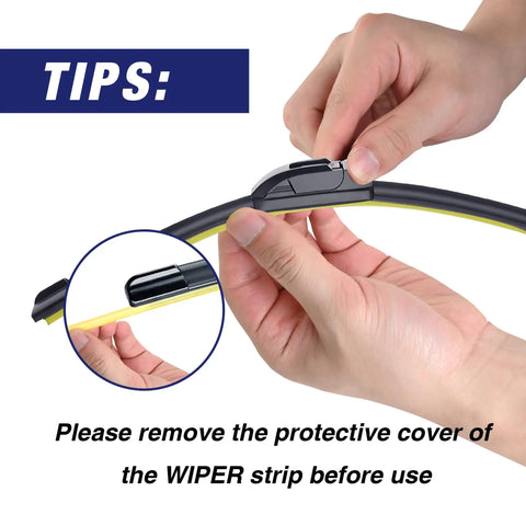 Close-up of hands removing protective cover from wiper strip, emphasizing preparation for All Weather Pro 26 Inch And 16 Inch Wiper Blades Set For Hyundai Tucson Elantra Kona Corolla RAV4 Honda Accord CRV Models With OEM Hook Fitment Fits Toyota Corolla RAV4 And More Models.