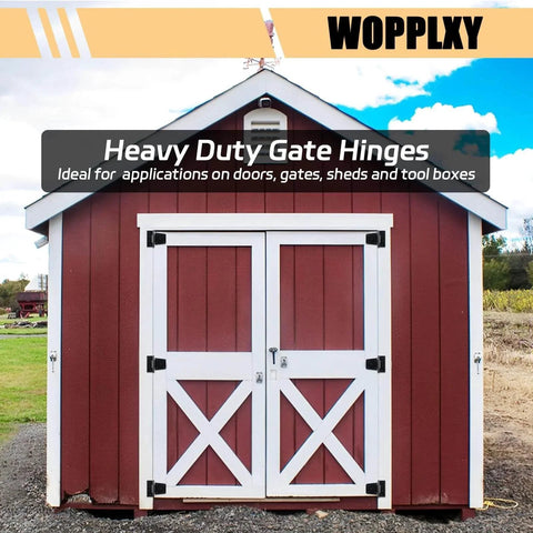 Red barn with white doors featuring 8 Pack Heavy Duty Gate Hinges 3.5 Inch Black Iron For Barn Doors Fences Gates Screws Included