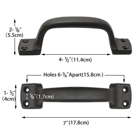 Diagram of Heavy Duty 7 Inch Cast Iron Barn Door Pull Handles 2 Pack For Sliding Doors Gates Fences Drawers And Garages Dark Brown Metal Hardware Built To Last For Indoor Outdoor Use showing dimensions.