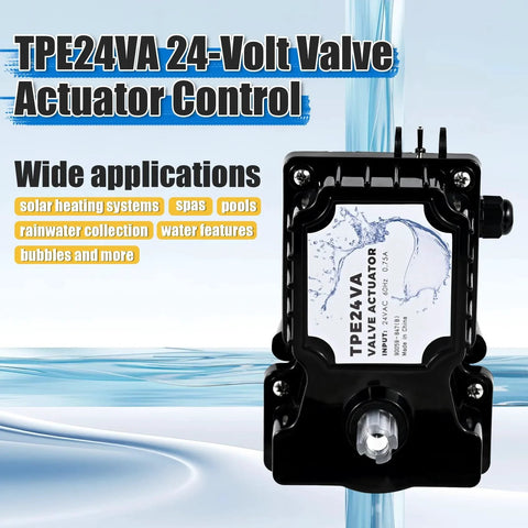 Front view of 24V Pool Valve Actuator Replacement For All 24VAC Systems, auto rotation for 2-way and 3-way valves, shown on water background.