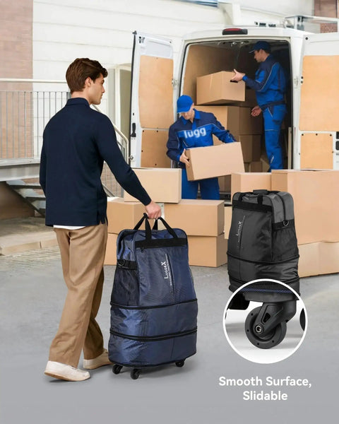 Man using Expandable Rolling Duffel Bag With Spinner Wheels Lightweight Collapsible Luggage 55L-113L Capacity near moving van