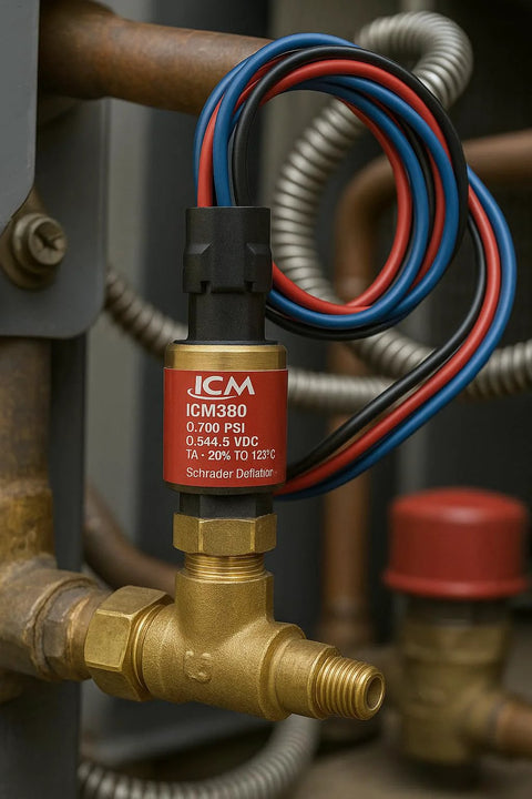 ICM380 pressure transducer sensor with red label on brass valve; blue, red, and black wires, Schrader deflation.