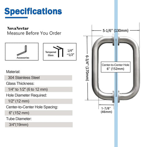 Specifications for glass shower door handle for sliding frameless doors in brushed nickel finish with measurements and materials.