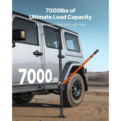 60 Inch Ratcheting Farm Jack 7000 Lb Capacity For Tractor Truck SUV Orange lifting a silver SUV in a desert landscape.