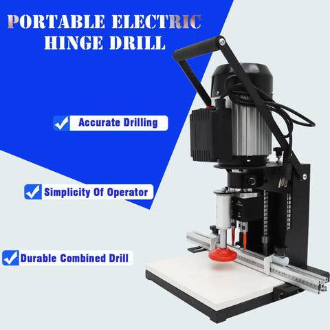 Portable Electric Hinge Boring Insertion Machine For Woodworking With Adjustable Depth Drill Press Quick Setup And Accurate Hinge Spacing Lightweight Durable Tool For Cabinet Making 45 9.5 Combined Drill in use