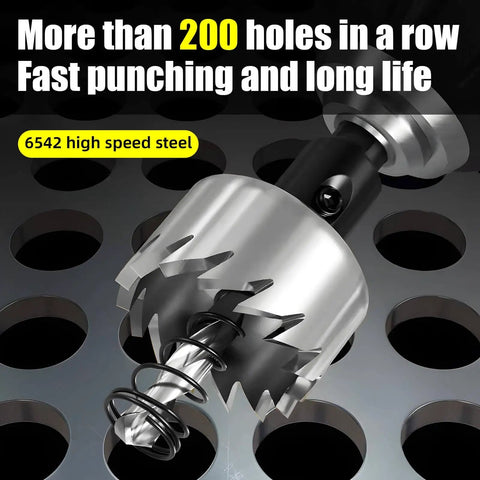 Close-up of Pro Grade High Speed Steel Hole Saw Drill Bit from set, cutting through metal, showcasing sharp teeth and durable build.