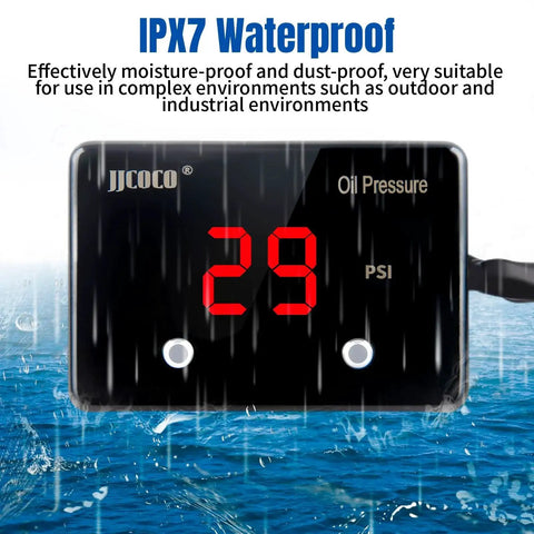 Waterproof digital oil pressure gauge with LED display showing 29 PSI for 12V cars and trucks, rainproof and dustproof.