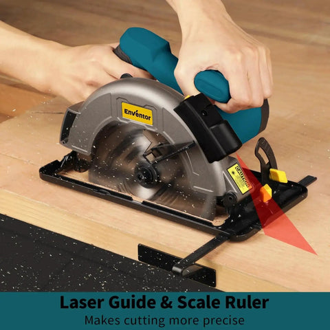 Person using the Powerful 11 Amp Circular Saw With Laser Guide And Dual 40T 24T 7-1/4 Inch Blades For Fast Wood Plastics PVC Cutting 6000 RPM