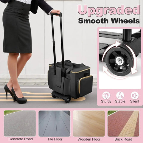 Woman pulling rolling teacher bag with wheels on various surfaces; focus on durable black laptop work case with smooth wheels.