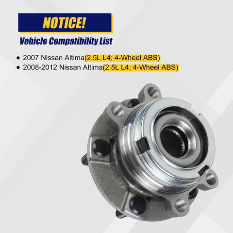 Front Wheel Bearing And Hub Assembly 513294 For Nissan Altima 2007 2008 2009 2010 2011 2012 2.5L Four Wheel ABS 29 Spline 5 Lug Bolts Encoder Included