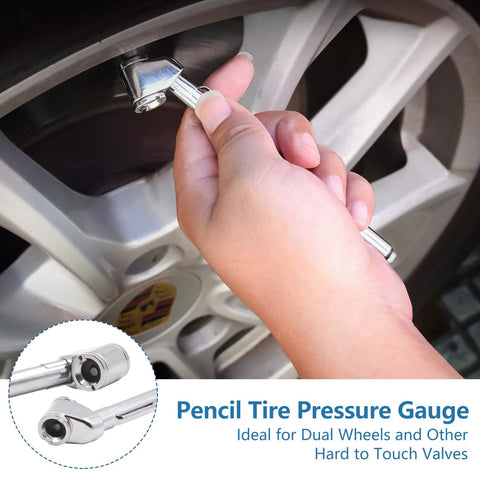 WNCGC pencil tire pressure gauge, chrome dual-head air gauge held in hand against a car tire valve.