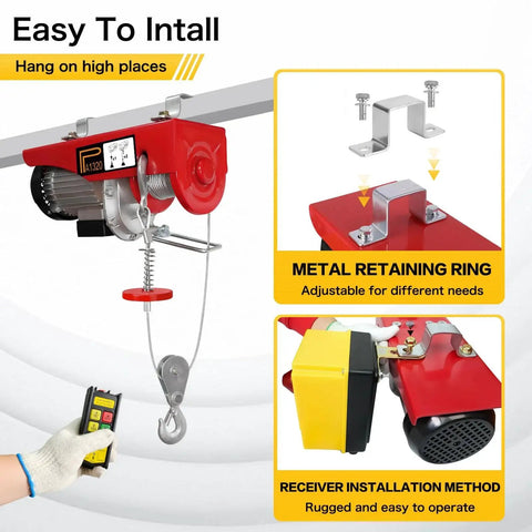 Electric Hoist 2200 Lbs Winch 110V With Wireless Remote Control Emergency Stop shown installed with receiver and parts