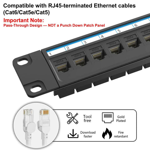 24 Port Pass Through Patch Panel For Rackmount Or Wall Mount 19 Inch 1U Cat6 Network Panel Preloaded With 24 Keystone Couplers Plus 1 Spare