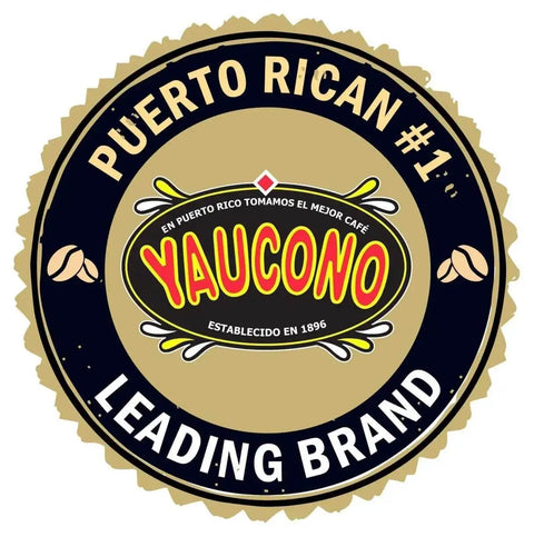 Puerto Rican coffee brand logo with Yaucono established in 1896, labeled as leading brand.