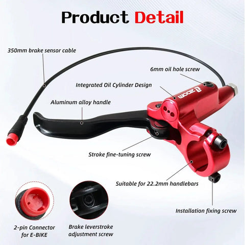 Red Zoom HB876E hydraulic brake lever for e-bike, side view with 350mm sensor cable