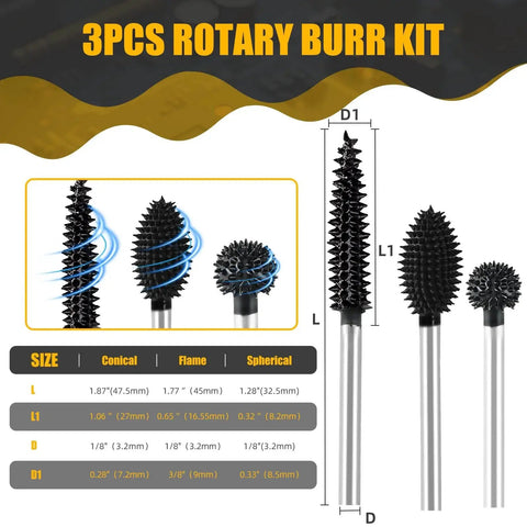 3 Piece Rotary Burr Set With One Eighth Inch Shaft Die Grinder Bits featuring conical, flame, and spherical shapes for woodworking.