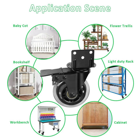 Applications of Set Of Four 3 Inch L Shaped Bracket Swivel Casters With Brakes For Cots Flower Stands Desks and more