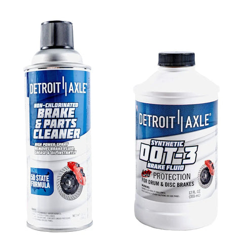 Detroit Axle brake parts cleaner and DOT-3 brake fluid bottles, front view
