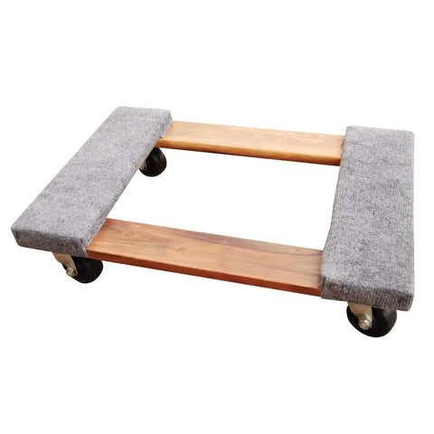 Wooden cart with grey padded surface on four swivel casters for moving equipment and furniture in garage or shop