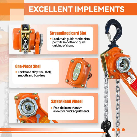 Manual Chain Hoist 1.5 Ton 10 Ft Heavy Duty Lift 3300 Lbs With Durable Hook showing orange steel shell and safety hand wheel