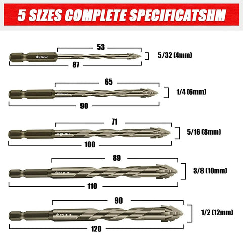 Pro Grade High Strength Eccentric Twist Drill Bits Set For Masonry And More Beefy Carbide Tip Drills various sizes displayed.