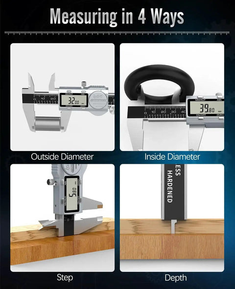 Digital Caliper 12 Inch With ABS Absolute Scale IP54 Waterproof Stainless Steel Vernier Caliper With Inch MM And Fraction Readouts Auto Off LCD Display Precision Measuring Tool Feeler Gauges Included showing measurement in four ways: outside diameter, inside diameter, step, and depth.