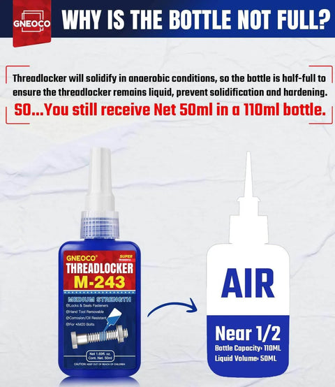 Bottle of blue thread locker medium strength showing half-full content to prevent solidification, labeled M-243.