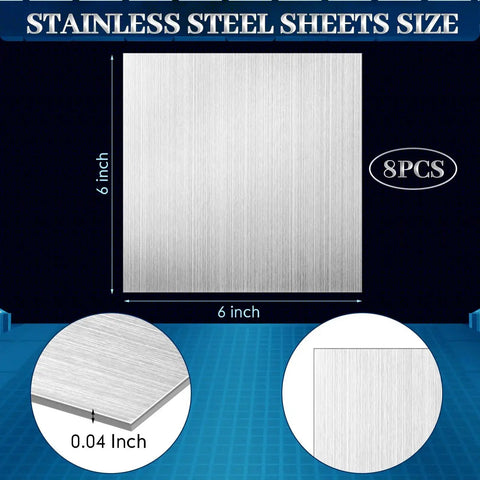 Eight Pack 304 Stainless Steel Craft Sheets With Double Side Film Attached Measuring Six By Six Inches And 0.04 Inch Thick