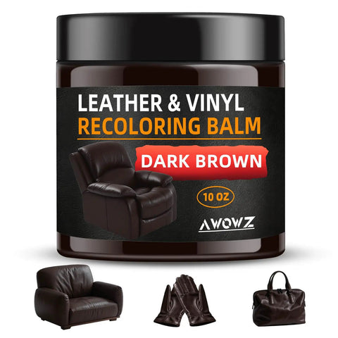 Dark Brown Leather Recoloring Balm for Scratch Repair and Color Restore, 10 Oz kit with sponges, gloves and spoon.