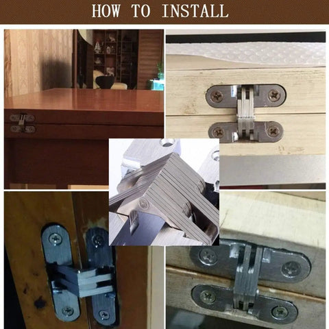 Two Pack Concealed Hidden Hinges For Cabinets And Furniture, 180 Degree Cross Hinge, Zinc Alloy With Stainless Steel, 13x45 Mm installed view