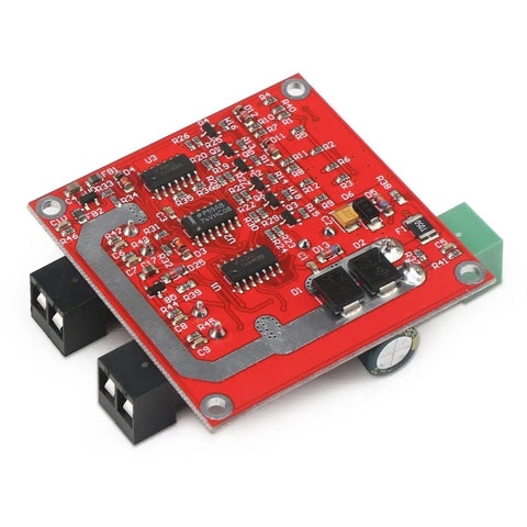 Dual H Bridge DC Motor Driver For Two Motors, PWM Speed Controller 6.5V To 27V module, red board with components, front view.