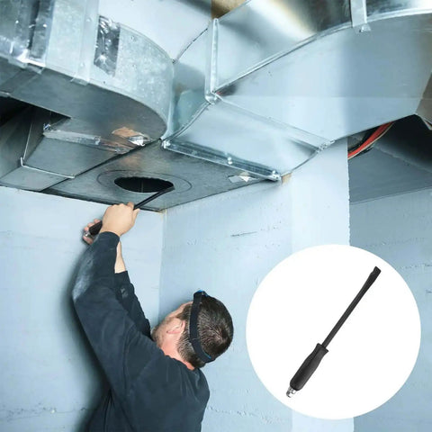 Person using 12 Inch Duct Slitter Hand Sheet Slicer for cutting metal pipes in ductwork, showing beveled notch tip and durable metal build