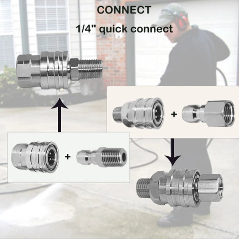 1/4 inch quick-connect pressure washer fittings set, stainless steel with male and female NPT adapters.